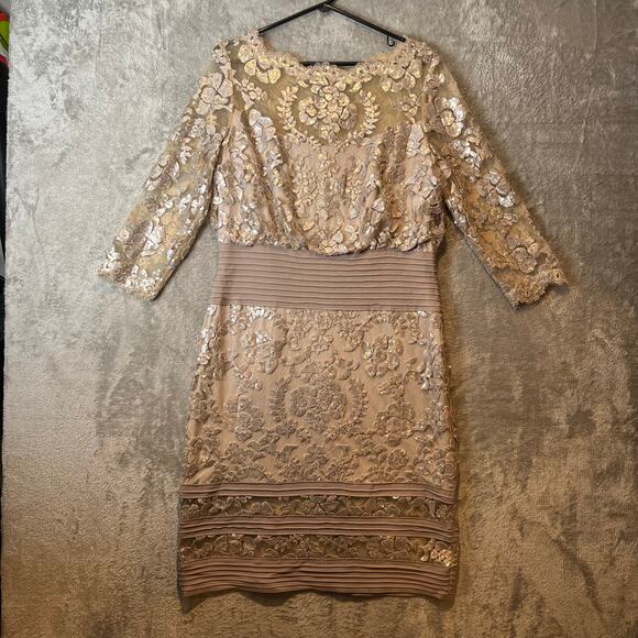 Tadashi Shoji Sequin Lace Blouson Pintuck Illusion Sand Gold‎ Ivory Dress Sz 14 - Picture 1 of 11